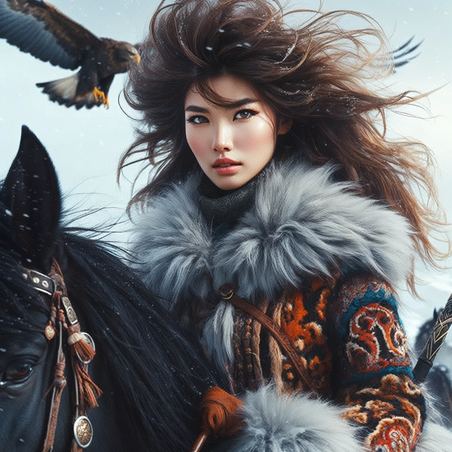 Wearing warm winter clothing made of thick fur, Cleverly combines traditional Chinese design patterns with contemporary elements ，messy and fluffy hair, Strongly expressed，Full of energy, Sharp eyes， 1 girl, Handsome face，Delicate face，horse riding, Looking at the audience，Dark horse, Epic Fantasy Character Art, wearing intricate fur armor, style of luis royo, Northern female warrior holding a spear，An eagle continues to fly in the sky，