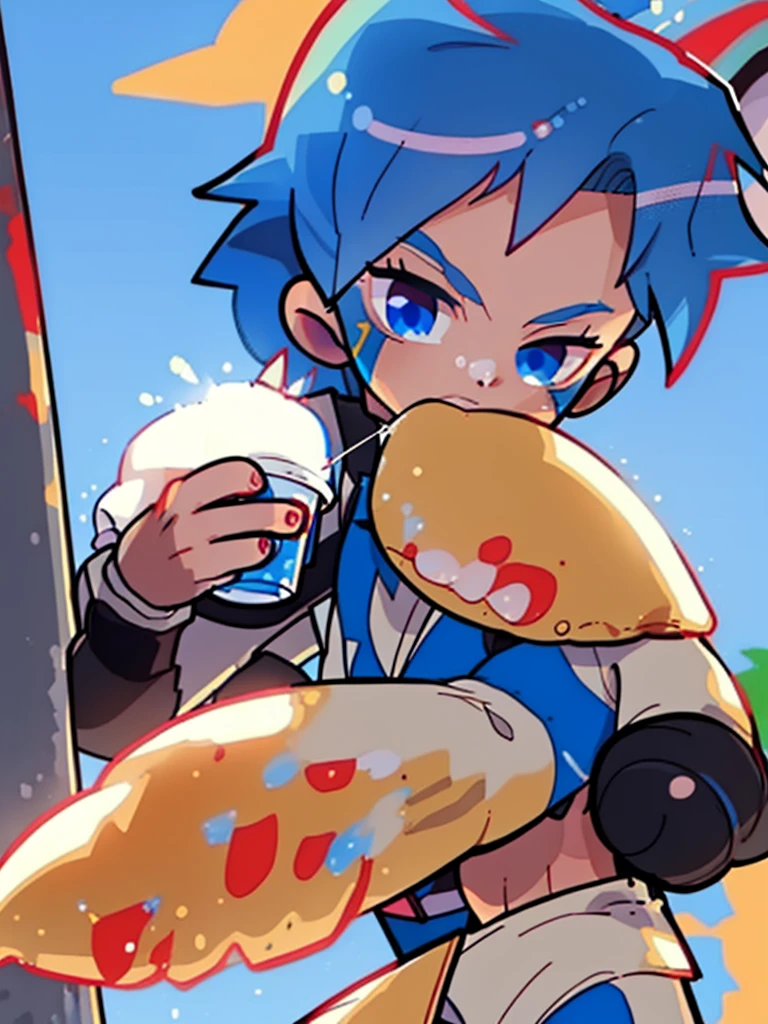 1boy, playful young teen, spiky blue hair, blue eyes, ((red and white face painting)), cafe, eating taco, warm, high definition, hdr, 8k, masterpiece, animated