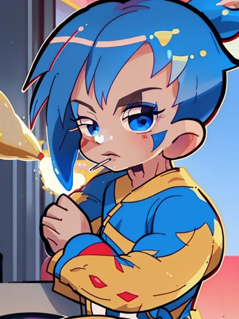 1boy, playful young teen, spiky blue hair, blue eyes, ((red and white face painting)), cafe, eating taco, warm, high definition, hdr, 8k, masterpiece, animated