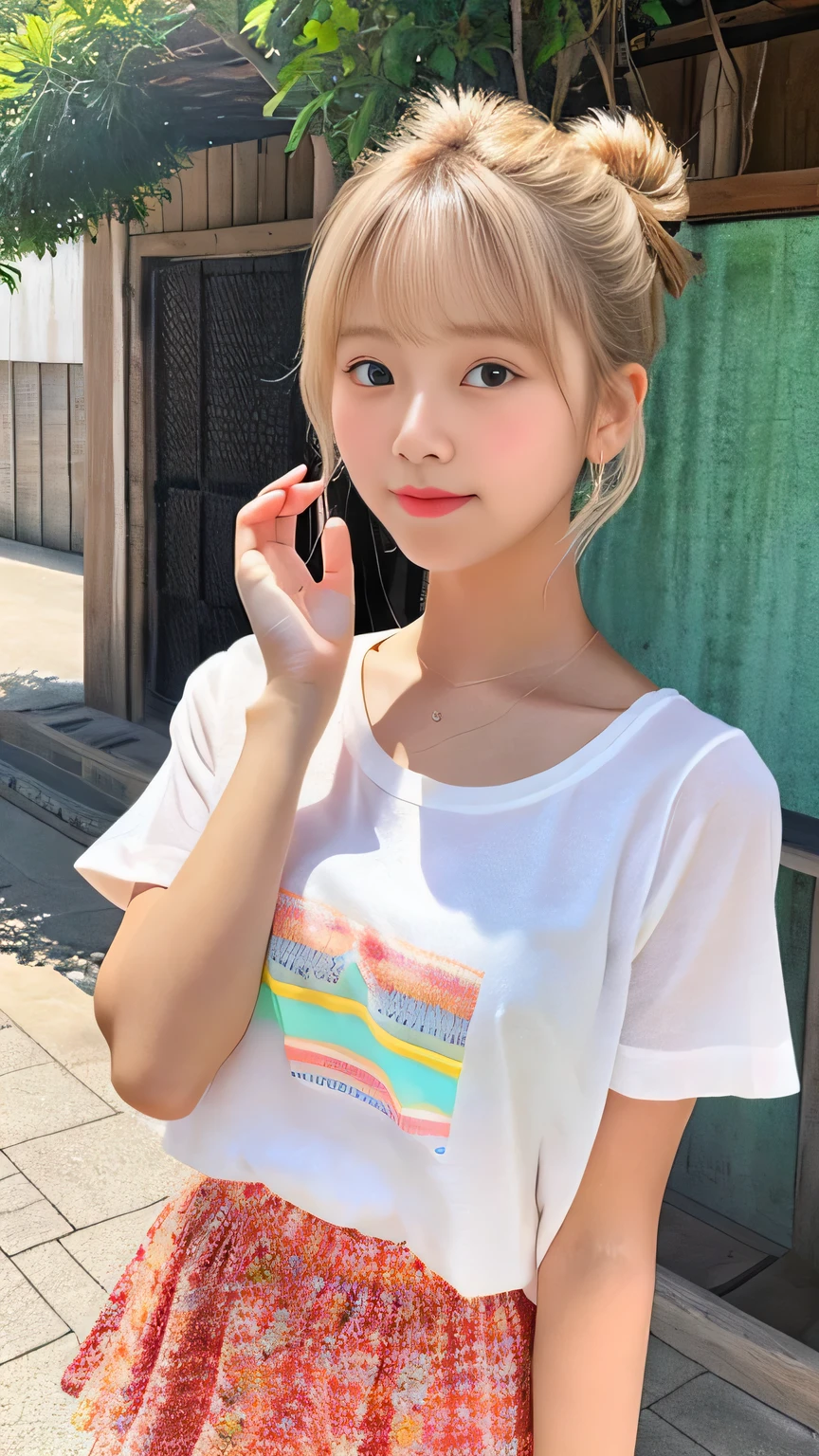 Sunburn marks on tanned skin、blush、Blonde short wavy hair,A cute with a cute look, A strong wind blows my hair in front of my face、Beautiful big sparkling eyes, Cute eyes hidden by long bangs、Yawn、No visible nasolabial folds、A short, light-colored miniskirt、A summer shirt with cute colorful patterns、Korean Beauty、Cheeks