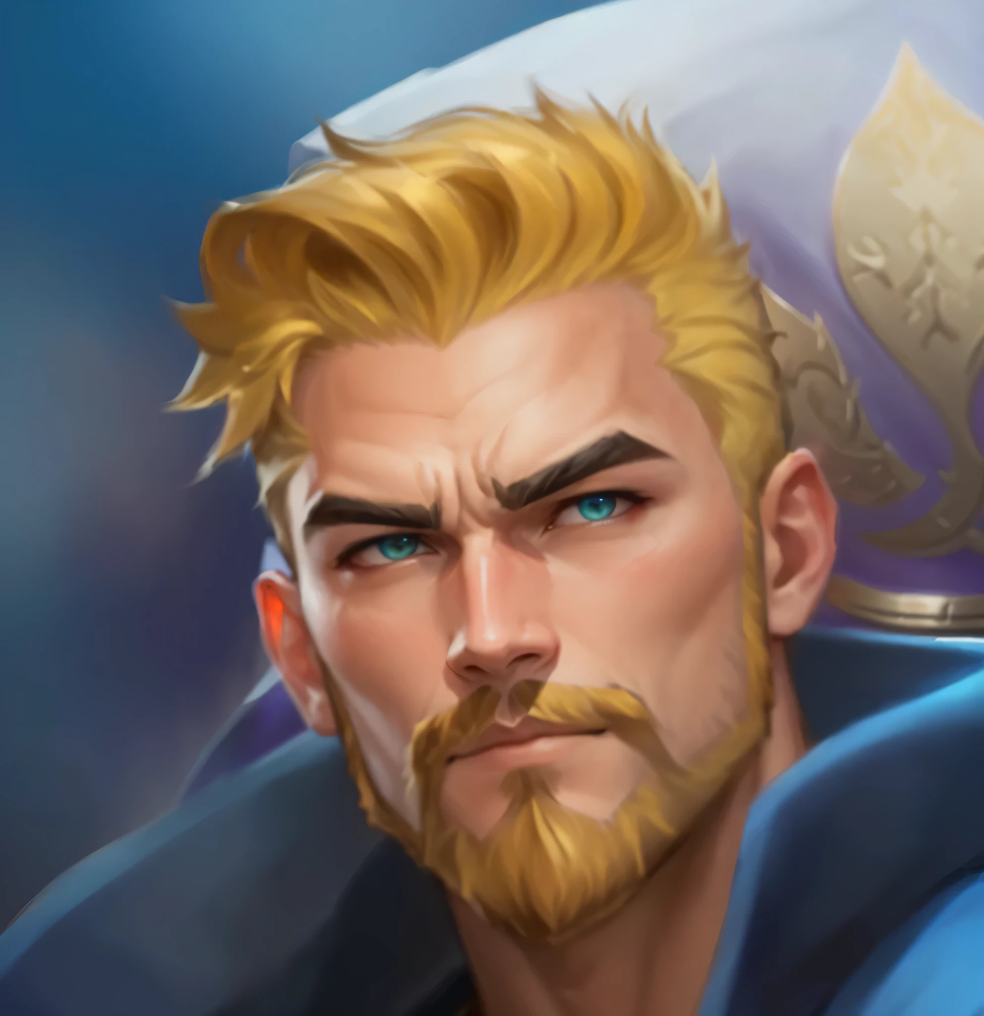 a close up of a man with a beard and a blue shirt, thertrevkaiser, avatar image, portrait of fin wildcloak, portrait of homelander, artgrem, arcane jayce, sylas, paladin, ashe, male paladin, heroic portrait, roguish smirk, inspired by Huang Shen, heise jinyao