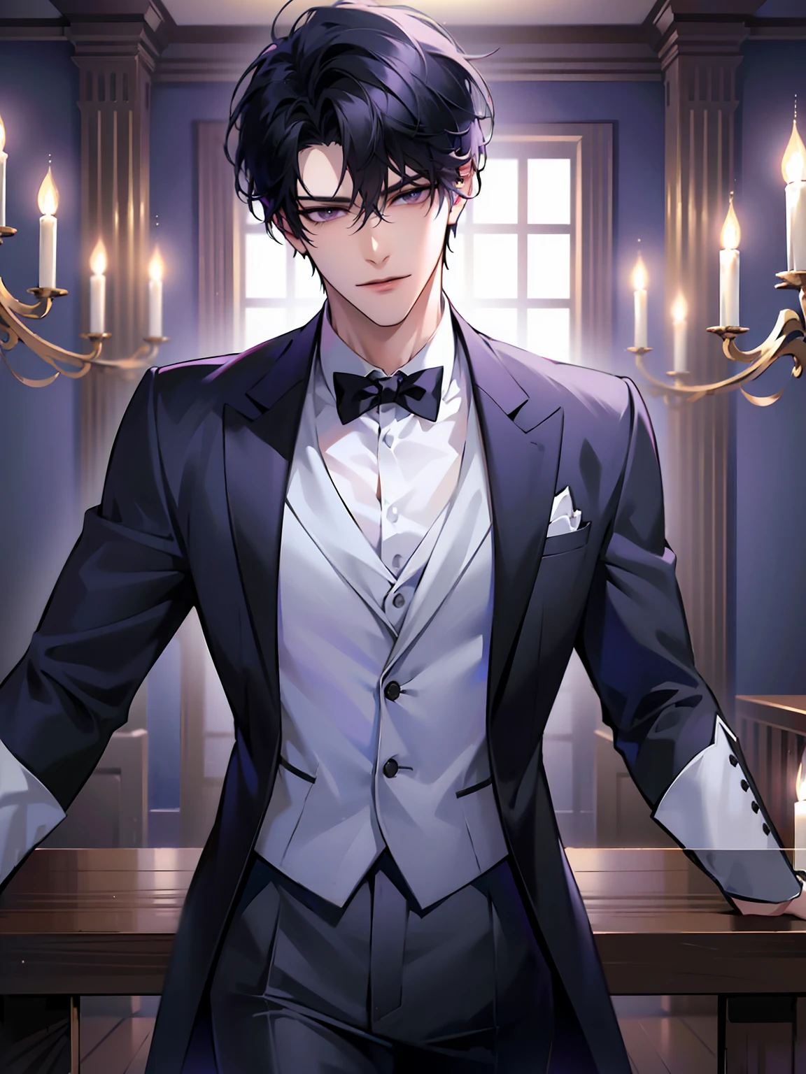 (masterpiece, 4k, 8k, high quality, highres, best quality:1.6), 1boy, solo, short hair, black hair, asymmetrical fringe, purple eyes, handsome, sharp eyes, (mature male, mature:1.2), male focus, fashionable, white dress shirt, purple jacket, smile, ballroom, chandelier, indoors, ultra detailed, toned body shape, leaning on counter, people in background, party, event, social gathering