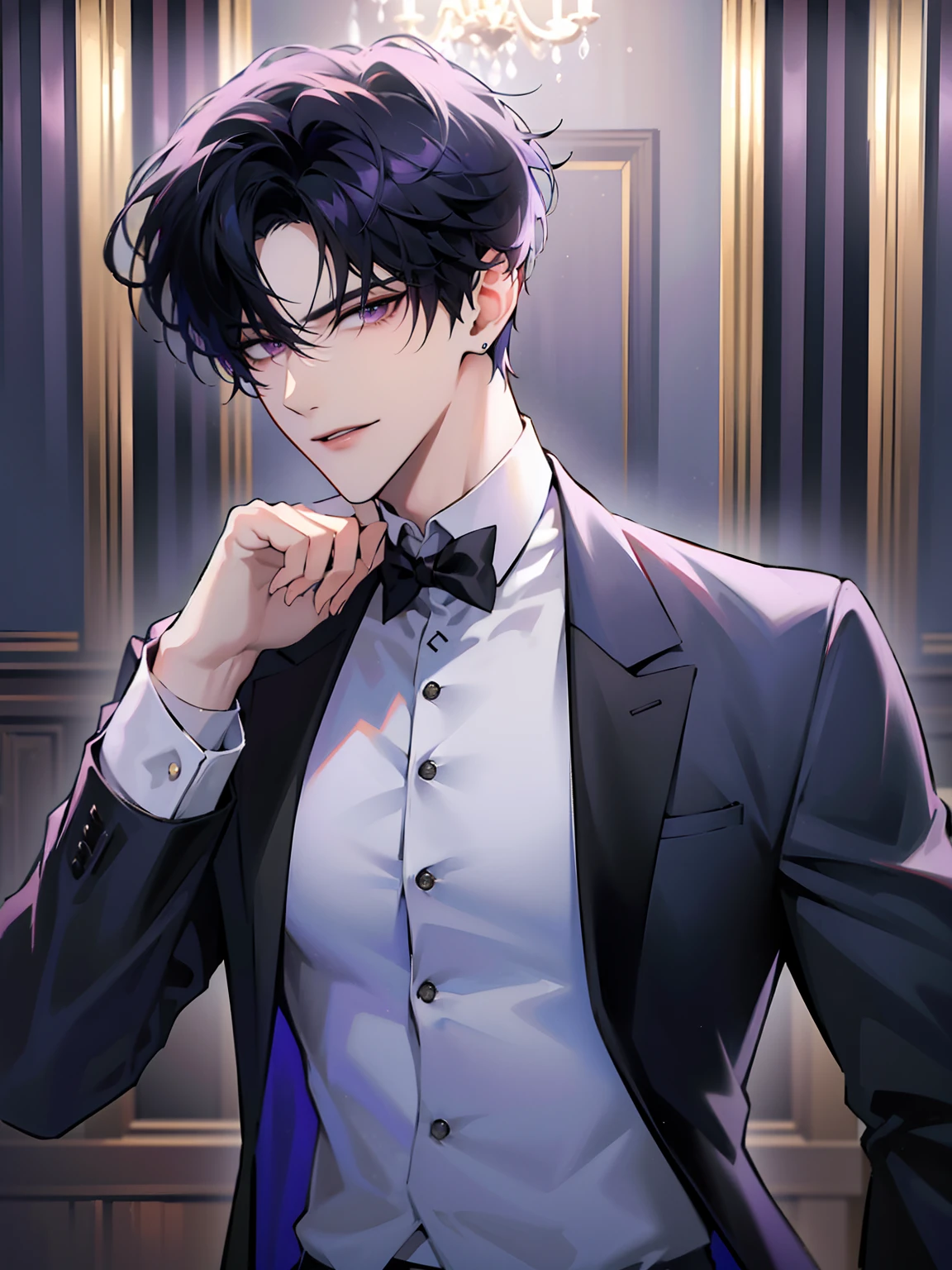 (masterpiece, 4k, 8k, high quality, highres, best quality:1.6), 1boy, solo, short hair, black hair, asymmetrical fringe, purple eyes, handsome, sharp eyes, (mature male, mature:1.2), male focus, fashionable, white dress shirt, purple jacket, smile, ballroom, chandelier, indoors, ultra detailed, toned body shape, leaning on counter, people in background, party, event, social gathering