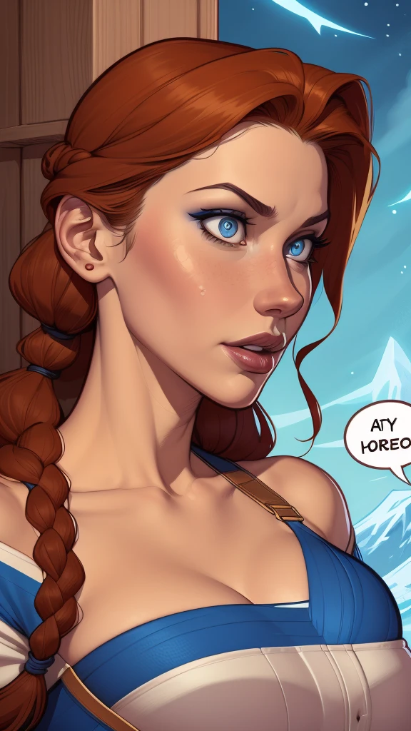 clearing! Here is the revised and cleaner text:
--- Character: Queen Anna of Arendelle with marks of war.
Description: Cartoon image of a woman. Illustration in cartoon art style, with highly detailed character design. detailed digital art, showing courage and high quality portrait.
characteristics:
- Portrait character design - Beautiful digital illustration - Comic art - Young woman with braided hair - Beautiful lined eyes - Medium-large bust and wonderful sexy clothes - Expression of sexual desire from waist to head ---