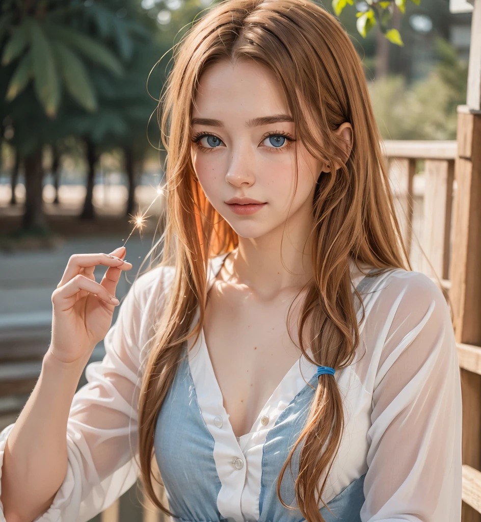 (1 An intelligent woman, 25 years old, looks at the camera: 1.4), Danielle Rose Russell, (witchcraft, witchcraft, pagan, mystical, nature, occult), magician, magic with spells, magic circle, ((magic in hand)),(masterpiece, best quality:1.4),(absurdities, high resolution, ultra detailed:1.2),(using light magic:1.4),water magic, imaginative overlays, artistic fusion, fantastic scenes, evocative narratives , shocking images, upper body of a beautiful girl with long red hair, hairstyle, hair slicked back, developing hair (red | orange hair), (bright blue eyes, bright eyes: 1.2), slight squinting eyes, wrinkles around the eyes, a slight smile, the whole body