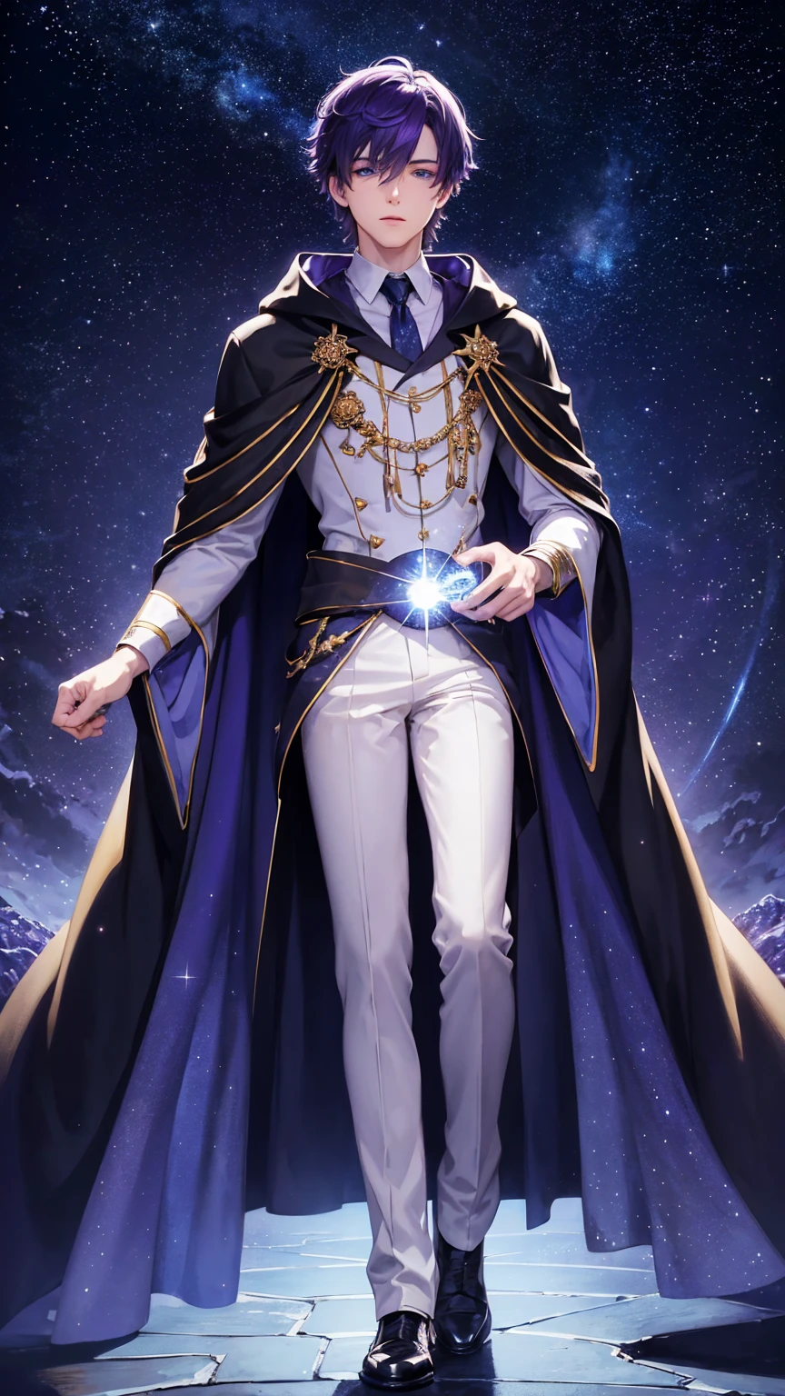 Detailed anime style,masterpiece, Starry Sky,constellation,6k,Full Body Shot,One man, magician,robe costume,Blue Eyes,Purple Hair,Beautiful background, Complementary Color, Cinema Lighting, Detailed shading,