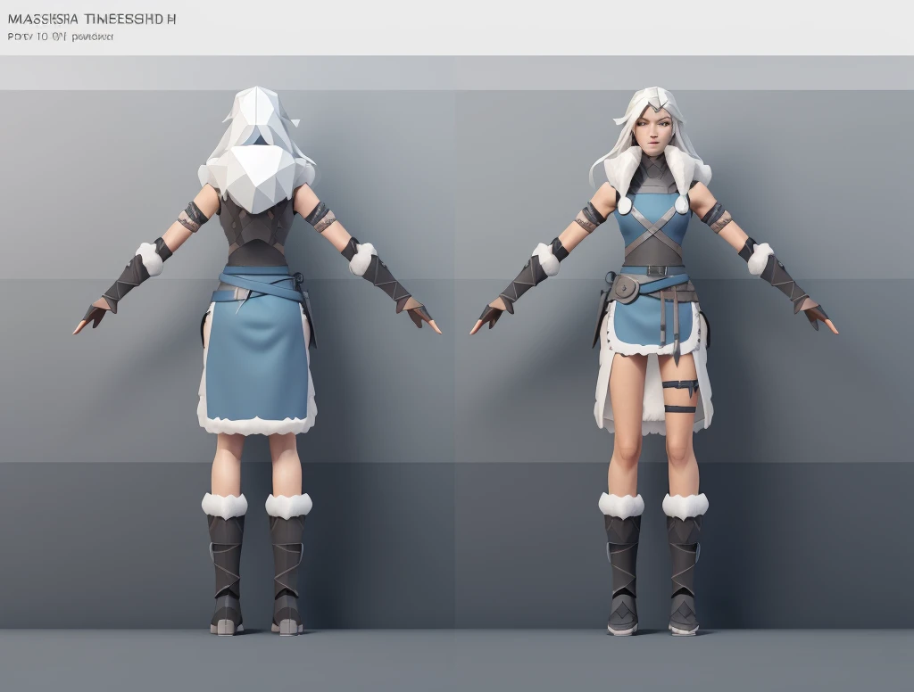 (Masterpiece, best quality: 1.2), (Super detailed), (Illustration),(HDR:1) a close up of a Viking woman warrior wearing armor and fur coat with rune tattoos , low poly full body concept, low poly detailed full body concept, Mulher guerreira viking com olhos azuis e cabelo loiro platinado, full body character concept,costume concept design, character model sheet turnaround, fullbody shot turnaround, concept character sheet, full body concept art, reference model sheet , full body concept art, PS1 style character, game character design, female, video game ps1 character concept, low poly detailed character design, character sheet, character model sheet turnaround , front and back, front and back, grey clean background, low poly 3D character, leather belt with leather knife bag, oceanblue cloth, blue hem with white fur, low poly art style, low polygon, ((low polygonal)), ((organic shapes and lines)), (((low poly art style))), perfect alignment, ((clear outline)), (((polygon skin texture))),3d render, ((PS1 graphics)),  ray tracing,  sharp focus