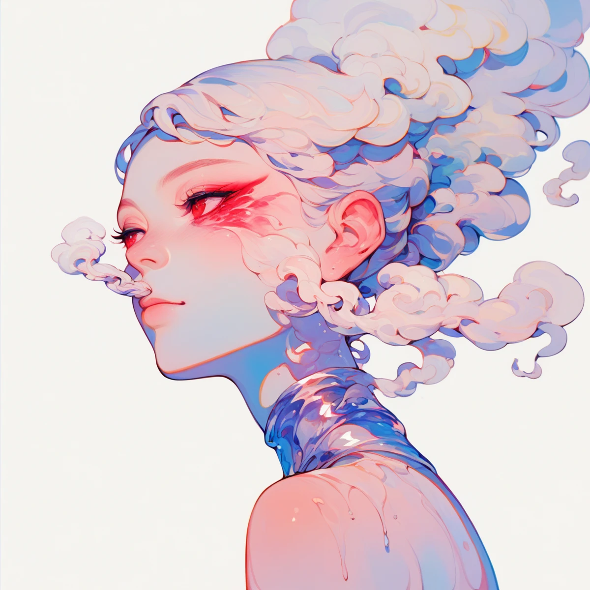 did vaporwave style, solo, 1girl, female, water, white background, red eyes, simple background, from side, glitching, smoke surrounding her, in tatters, score_9, score_8_up, score_7_up, score_6_up, score_5_up, score_4_up