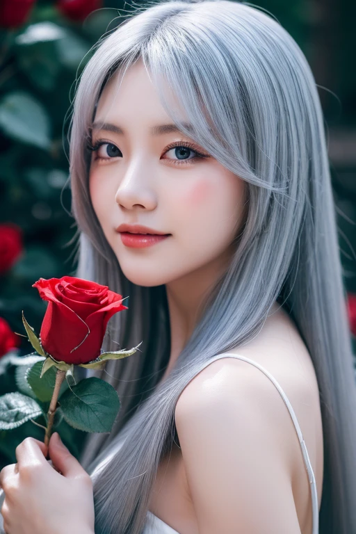 Silver Hair，Butterfly，Long gray hair，8k wallpaper，Detailed background，Maximum resolution，Deep V Big，hair covering one eye，Church Garden Background，Red rose background，Tight，moon，