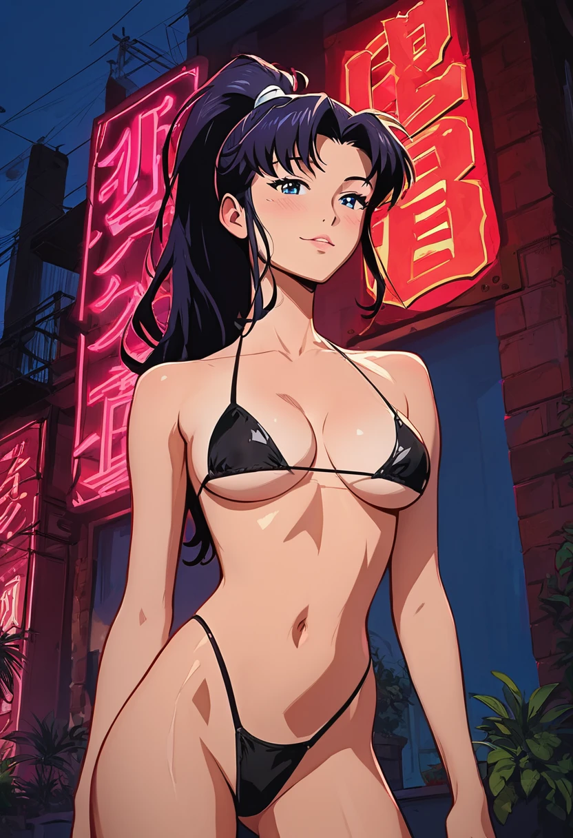 score_9, score_8_up, score_7_up, score_6_up, score_5_up, score_4_up, 1girl, Misato Katsuragi, view from front, athletic, ponytail, (long black hair), bright blue eyes, (large boobs), facing viewer, closeup of face, seductive look, cleavage, arched back, (wearing black micro bikini, black thong), standing, tiny waist, narrow hips, (flat stomach), neo tokyo well lit highrise building, filled with neon signs, well lit by red neon lights, translucid, pinup pose, official art, masterpiece, cel-shaded, source_painted_concept_art BREAK