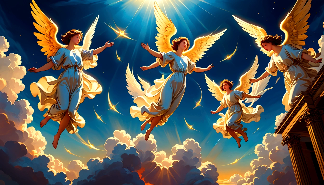 Angels descending from the sky, A breathtaking masterpiece, Bright colors, Caravaggio, 8K