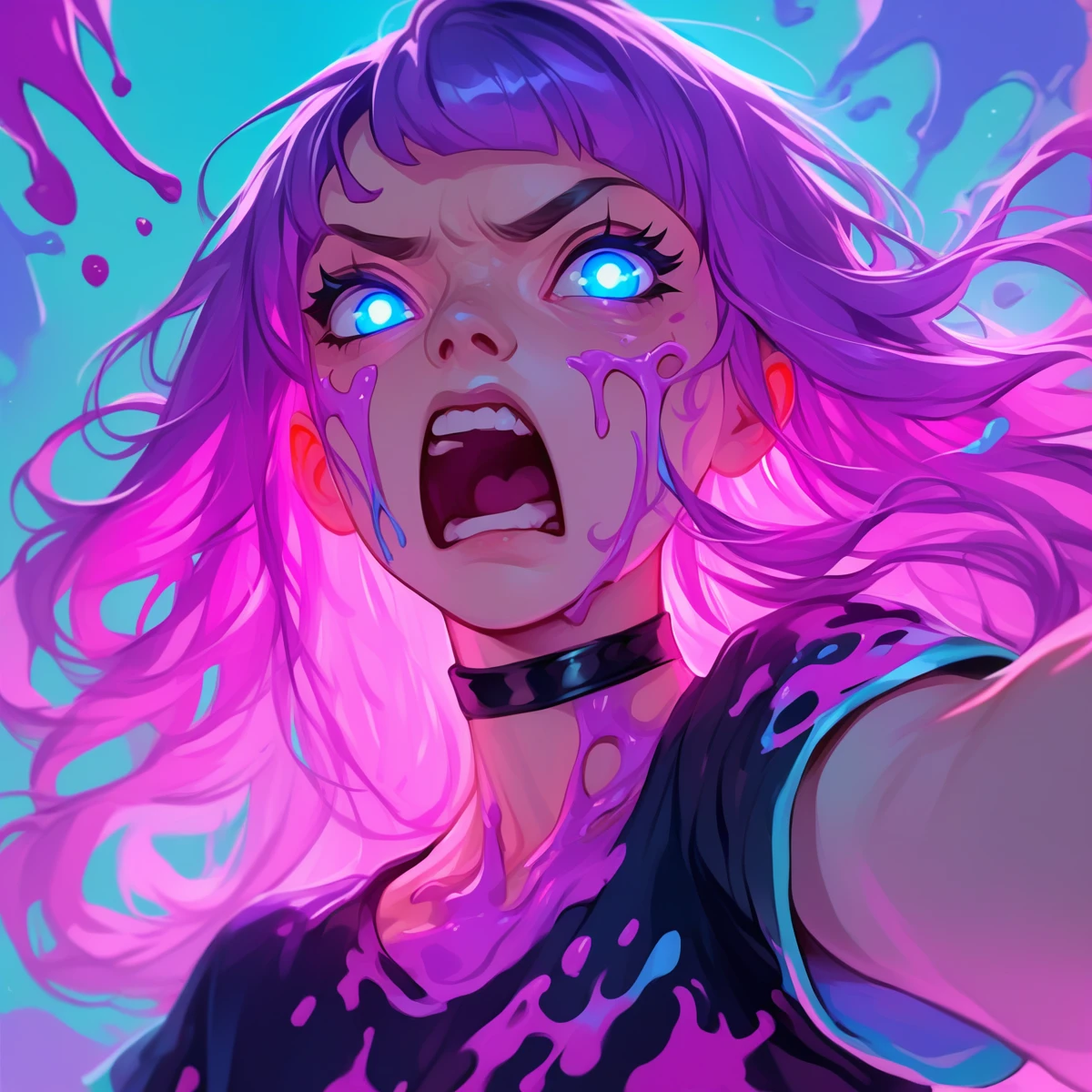 did vaporwave style, 1girl, solo, long hair, choker, open mouth, paint splatter, glowing eyes, black choker, glowing, purple hair, looking at viewer, shirt, multicolored hair, blue eyes, upper body, pink hair, paint, short sleeves, emotional, yelling,, score_9, score_8_up, score_7_up, score_6_up, score_5_up, score_4_up
