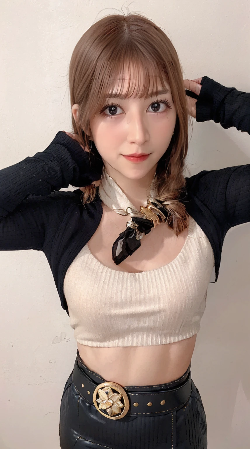 masterpiece, best quality, 4K, ultra-detailed, photorealistic, (1 girl), (A fascinating eye for perfect detail:1.2), smirk, ((center parted hair)), (medium brown hair), ((white ribbed sweater)), (black leather skirt), (black belt with gold buckle), ((arms at sides)), (standing), (front view), (full body), (office), (cityscape)