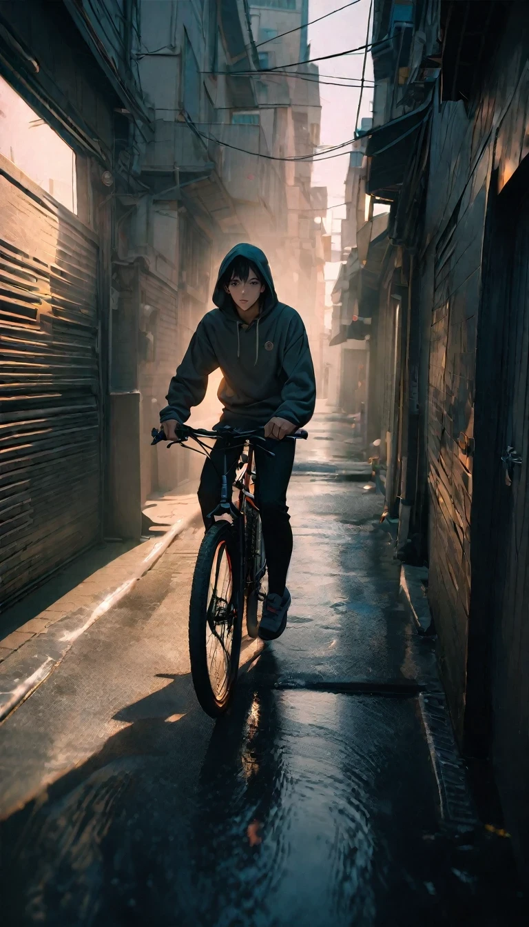 (8K, RAW photos, best quality, masterpiece: 1.4), (((Boy on bike)))，Ultra-high resolution, Extremely detailed, light, closeup of arms, handsome boy, black eyes, (delicate eyes, Eyes are bright:1.2), Gray short hair, Fair skin,dark, Grey sweatshirt, sweatshirt with hood,(perfect anatomy:1.2), High-quality shadows, Natural Lighting, (White highlights:1.2), night, cloudy day, (Alley:1.2), (River bridge:1.2)