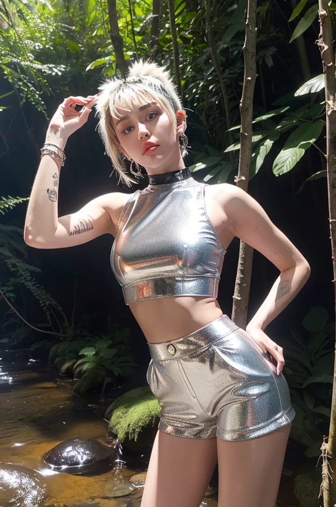 Miley Cyrus wears a white metallic crop top and black metallic shorts, posing seductively in the forest and stream