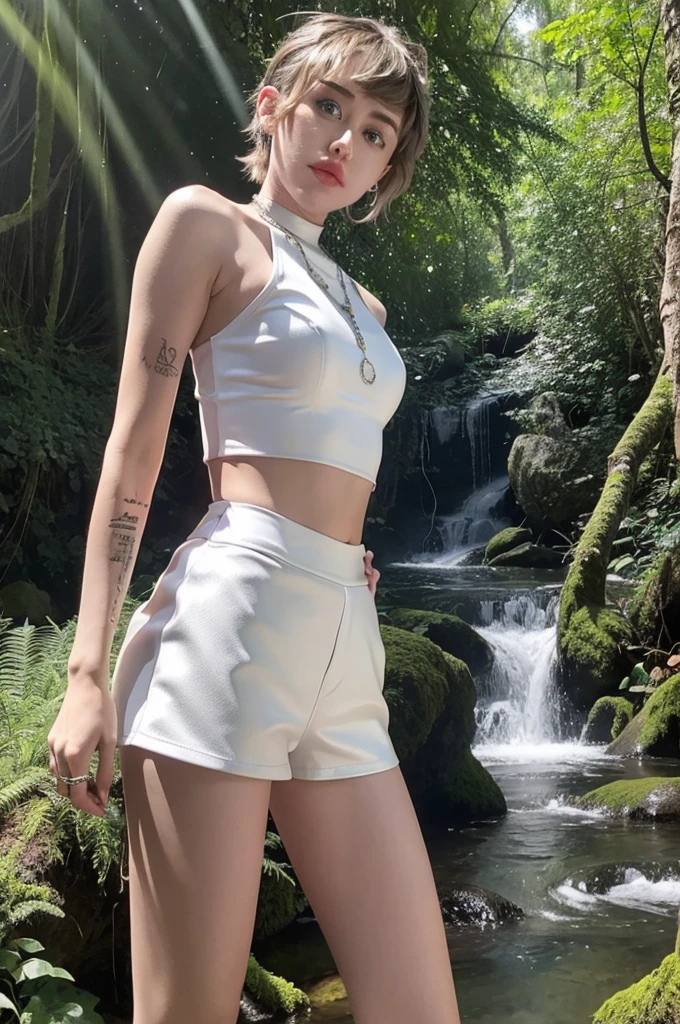 Miley Cyrus wears a white metallic crop top and black metallic shorts, posing seductively in the forest and stream