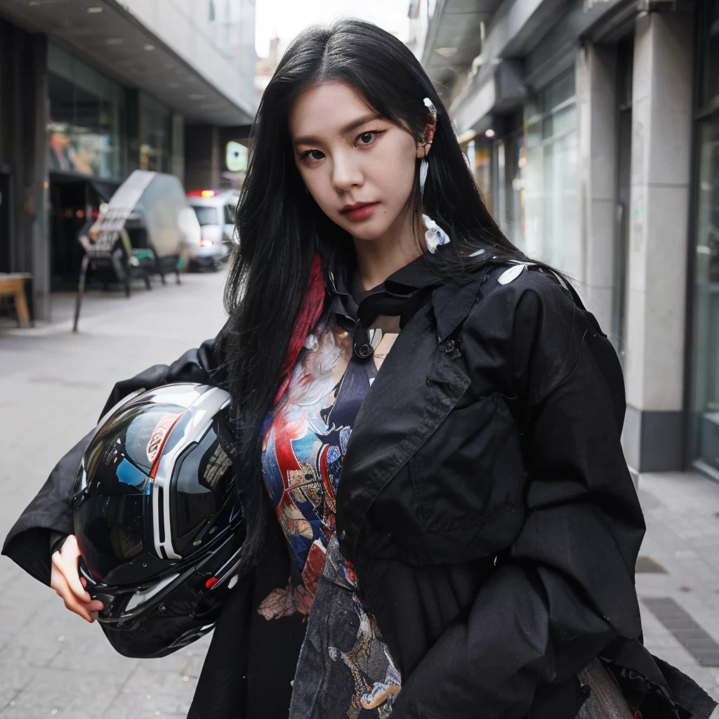 Korean 24 year old girl, long straight dark blue hair and bangs. White skin color, She has Black eyes and has a serious expression, In his hand he holds a cool black motorcycle helmet. He is wearing a black racing jacket with various details, patches and logos in red, white and yellow. Under the jacket she wears a black turtleneck top and black jeans, and she is wearing headphones. She is standing in an alley at day. perfec details, 8k.