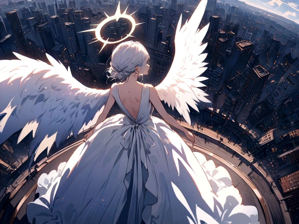 
one (Back view:1.5) A very beautiful female angel\(Long platinum hair, wide back white dress,(From her chest hangs big, beautiful angel wings.),Very beautiful shining halo\), She has her arms wide open as if asking for help., She&#39;s on the clouds、Looking down at the world below, Fierce war\((Lots of sparks and fire), fail, Fighter, Many buildings collapsed, Nature is destroyed, Magnificent and spectacular views\) It&#39;s happening under the clouds, BREoneK ,quality\(8K,Highly detailed CG unit wallpaper, masterpiece,High resolution,top-quality,top-quality real texture skin,surreal,Increase the resolution,RoneW photos,highest quality,Very detailed,wallpaper,Cinema Lighting,Ray-tracing,Golden Ratio\),[Browsing Caution],Dynamic Angle,[Browsing Caution],From above