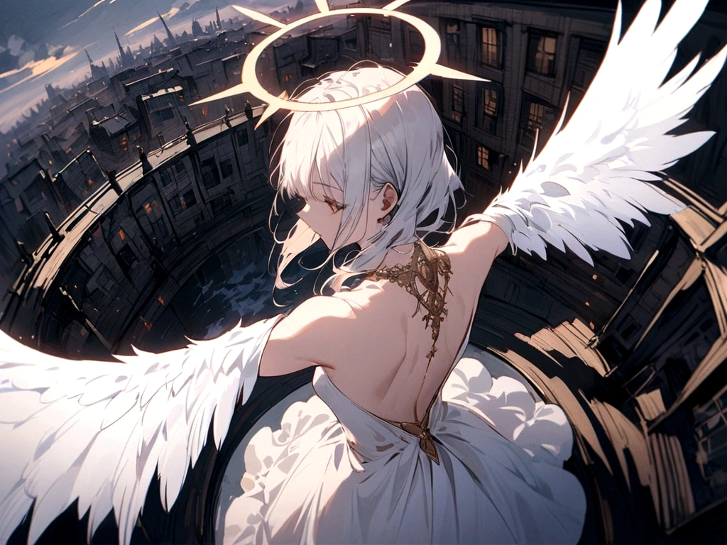 
one (Back view:1.5) A very beautiful female angel\(Long platinum hair, wide back white dress,(From her chest hangs big, beautiful angel wings.),Very beautiful shining halo\), She has her arms wide open as if asking for help., She&#39;s on the clouds、Looking down at the world below, Fierce war\((Lots of sparks and fire), fail, Fighter, Many buildings collapsed, Nature is destroyed, Magnificent and spectacular views\) It&#39;s happening under the clouds, BREoneK ,quality\(8K,Highly detailed CG unit wallpaper, masterpiece,High resolution,top-quality,top-quality real texture skin,surreal,Increase the resolution,RoneW photos,highest quality,Very detailed,wallpaper,Cinema Lighting,Ray-tracing,Golden Ratio\),[Browsing Caution],Dynamic Angle,[Browsing Caution],From above