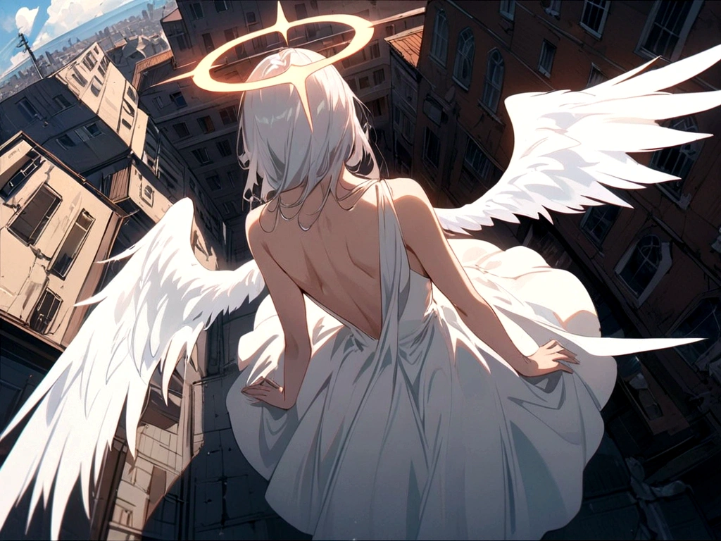 
one (Back view:1.5) A very beautiful female angel\(Long platinum hair, wide back white dress,(From her chest hangs big, beautiful angel wings.),Very beautiful shining halo\), She has her arms wide open as if asking for help., She&#39;s on the clouds、Looking down at the world below, Fierce war\((Lots of sparks and fire), fail, Fighter, Many buildings collapsed, Nature is destroyed, Magnificent and spectacular views\) It&#39;s happening under the clouds, BREoneK ,quality\(8K,Highly detailed CG unit wallpaper, masterpiece,High resolution,top-quality,top-quality real texture skin,surreal,Increase the resolution,RoneW photos,highest quality,Very detailed,wallpaper,Cinema Lighting,Ray-tracing,Golden Ratio\),[Browsing Caution],Dynamic Angle,[Browsing Caution],From above