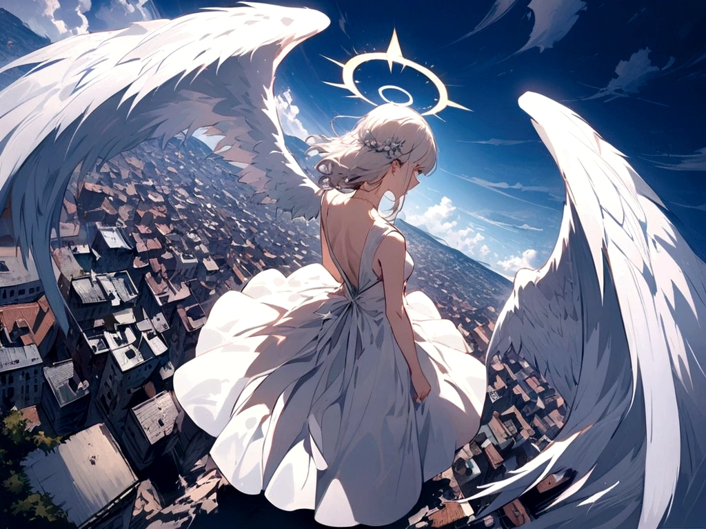 
one (Back view:1.5) A very beautiful female angel\(Long platinum hair, wide back white dress,(From her chest hangs big, beautiful angel wings.),Very beautiful shining halo\), She has her arms wide open as if asking for help., She&#39;s on the clouds、Looking down at the world below, Fierce war\((Lots of sparks and fire), fail, Fighter, Many buildings collapsed, Nature is destroyed, Magnificent and spectacular views\) It&#39;s happening under the clouds, BREoneK ,quality\(8K,Highly detailed CG unit wallpaper, masterpiece,High resolution,top-quality,top-quality real texture skin,surreal,Increase the resolution,RoneW photos,highest quality,Very detailed,wallpaper,Cinema Lighting,Ray-tracing,Golden Ratio\),[Browsing Caution],Dynamic Angle,[Browsing Caution],From above
