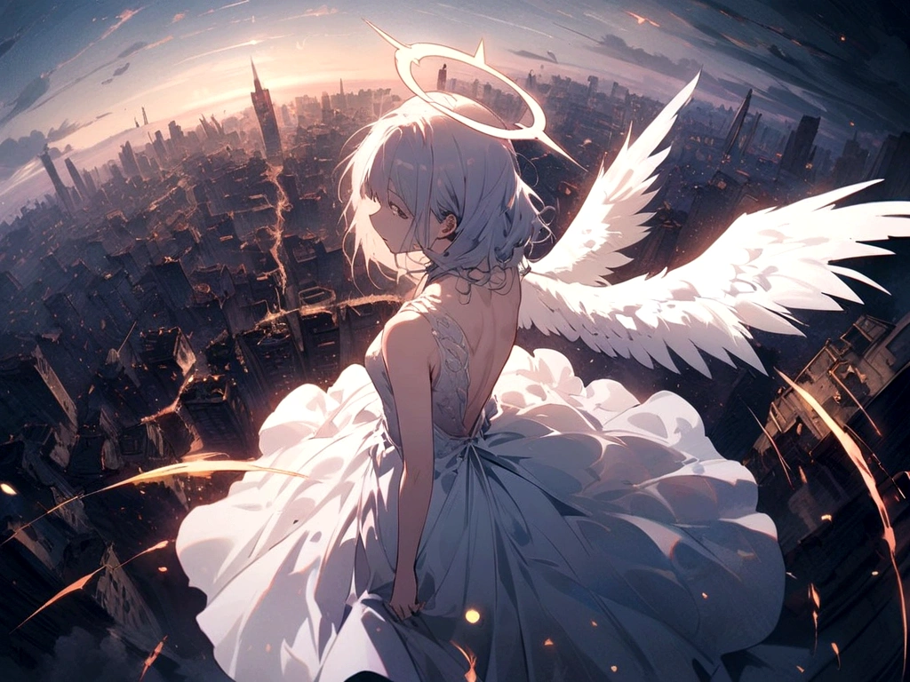 
one (Back view:1.5) A very beautiful female angel\(Long platinum hair, wide back white dress,(From her chest hangs big, beautiful angel wings.),Very beautiful shining halo\), She has her arms wide open as if asking for help., She&#39;s on the clouds、Looking down at the world below, Fierce war\((Lots of sparks and fire), fail, Fighter, Many buildings collapsed, Nature is destroyed, Magnificent and spectacular views\) It&#39;s happening under the clouds, BREoneK ,quality\(8K,Highly detailed CG unit wallpaper, masterpiece,High resolution,top-quality,top-quality real texture skin,surreal,Increase the resolution,RoneW photos,highest quality,Very detailed,wallpaper,Cinema Lighting,Ray-tracing,Golden Ratio\),[Browsing Caution],Dynamic Angle,[Browsing Caution],From above