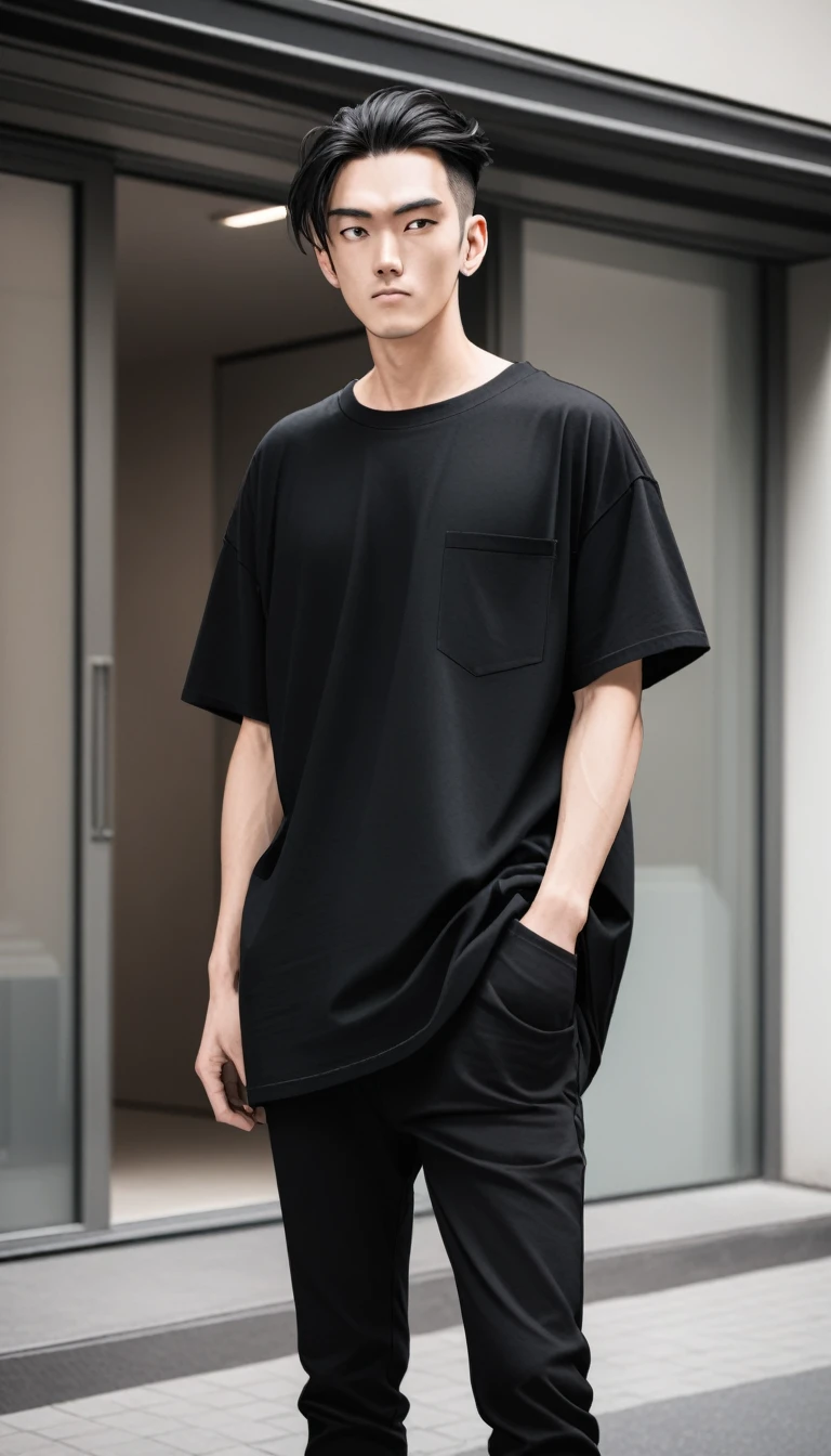 a man in a black shirt and black pants standing with his hands in his pockets, black t-shirt, black t - shirt, he is wearing a black t-shirt, black t shirt, wearing a black t-shirt, wearing black tshirt, wearing a black tshirt, black oversized clothes, black shirt, wearing a black shirt, casual black clothing