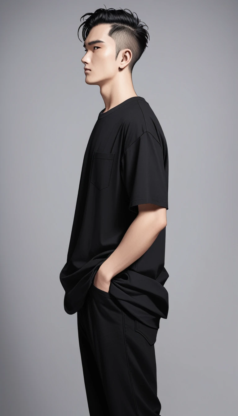 a man in a black shirt and black pants standing with his hands in his pockets, black t-shirt, black t - shirt, he is wearing a black t-shirt, black t shirt, wearing a black t-shirt, wearing black tshirt, wearing a black tshirt, black oversized clothes, black shirt, wearing a black shirt, casual black clothing