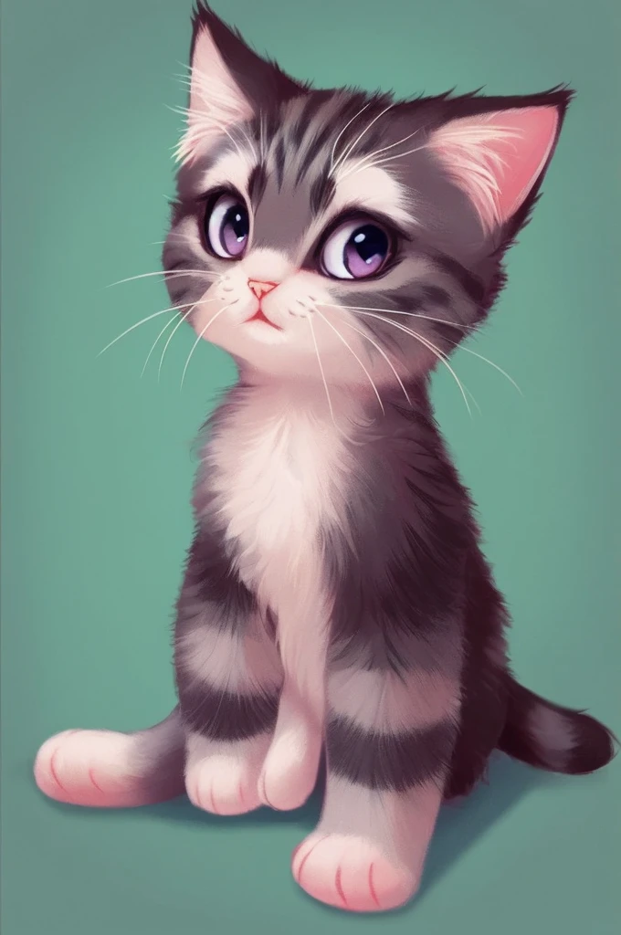 Cute kitten with gray stripes on a pastel background.