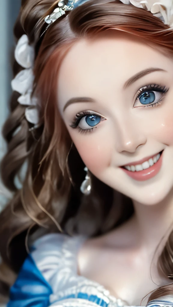 a close up of a woman in a blue dress with a white dress, elegant lady with alabaster skin, inspired by Franz Xaver Winterhalter, curvaceous. detailed expression, biedermeier, john currin, artdoll, 1 7 th century duchess, inspired by Thomas Lawrence, inspired by François Clouet, curvaceous. detailed