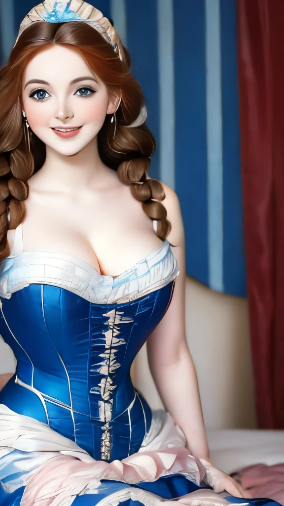 a close up of a woman in a blue dress with a white dress, elegant lady with alabaster skin, inspired by Franz Xaver Winterhalter, curvaceous. detailed expression, biedermeier, john currin, artdoll, 1 7 th century duchess, inspired by Thomas Lawrence, inspired by François Clouet, curvaceous. detailed