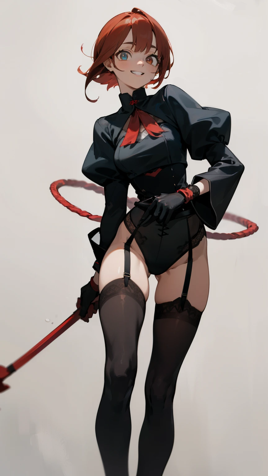 (masterpiece), ((best quality)), (super detailed), (beautiful eyes beautiful details eyes, Clean and delicate face), (knee shot, standing), solo, grin, (black high cut bodysuit, black puff sleeves shirt, garter belts, black stockings), Red bob hair, bangs, red eyes, black gloves, holding short whip, simple background