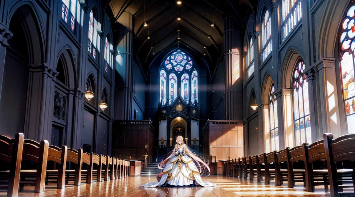 An anime-style illustration featuring a female character dressed as a sister in a church. The character has long, flowing hair and is wearing a traditional sister's habit with an elegant, simple dress underneath. She is standing in front of beautiful stained glass windows that cast colorful light throughout the church interior. The background includes high ceilings, ornate decorations, and rows of wooden pews, creating an atmosphere of peace and reverence. The scene is vibrant and colorful, with detailed shading and gradients to add depth, and the character's eyes and facial expressions are emphasized to convey emotion.