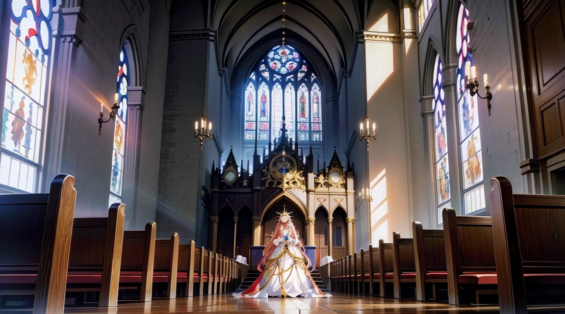 An anime-style illustration featuring a female character dressed as a sister in a church. The character has long, flowing hair and is wearing a traditional sister's habit with an elegant, simple dress underneath. She is standing in front of beautiful stained glass windows that cast colorful light throughout the church interior. The background includes high ceilings, ornate decorations, and rows of wooden pews, creating an atmosphere of peace and reverence. The scene is vibrant and colorful, with detailed shading and gradients to add depth, and the character's eyes and facial expressions are emphasized to convey emotion.