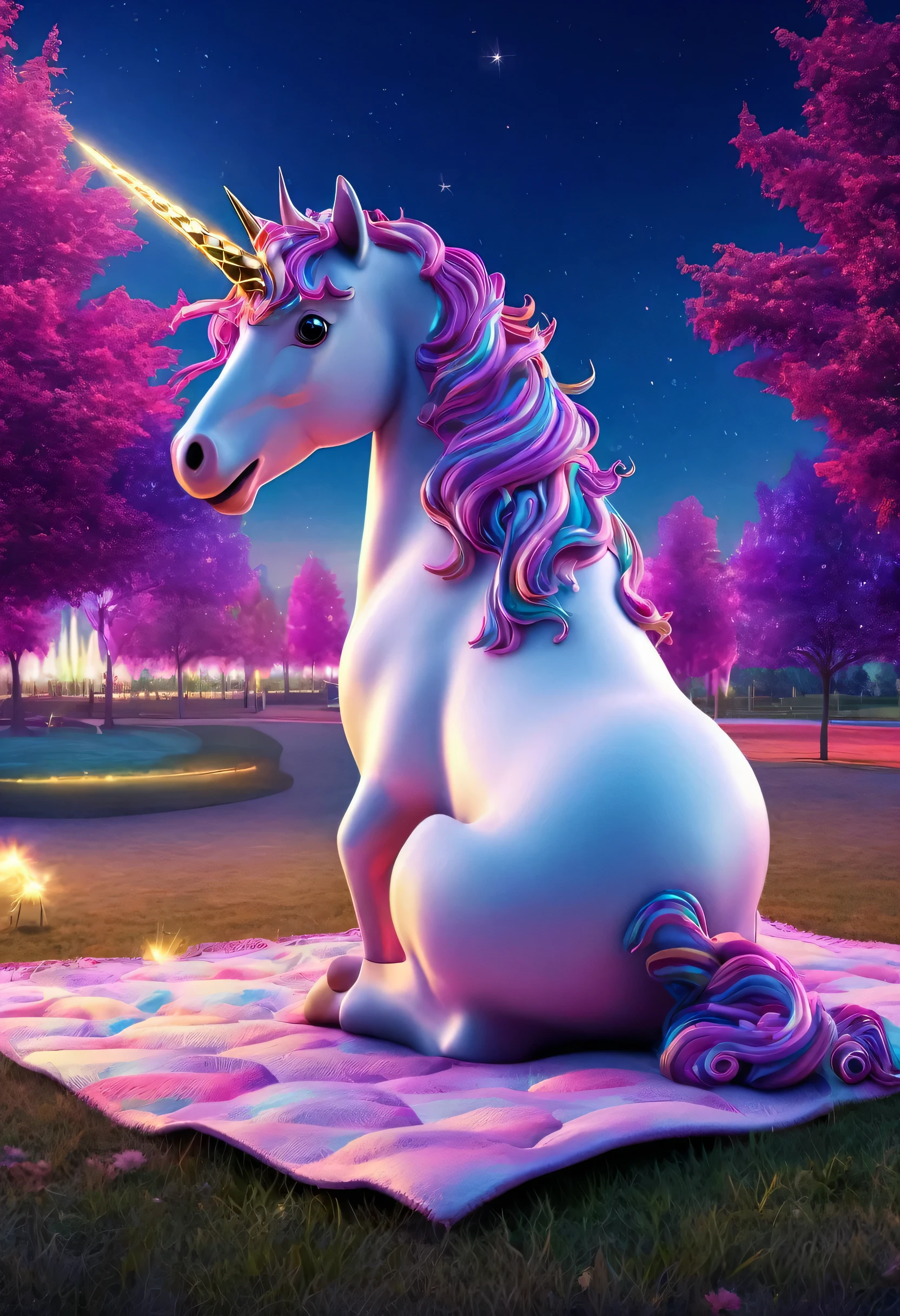 unicorn sitting on a blanket in a park