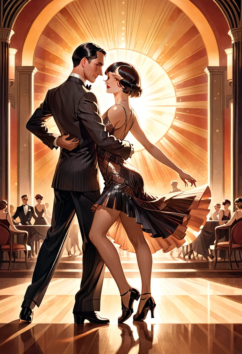 a man and woman dancing tango, art deco ballroom, 1920s, man facing forward, woman facing away from viewer, elegant dance, sun has almost set, detailed facial features, beautiful dress, formal attire, dramatic lighting, warm color palette, high-quality,