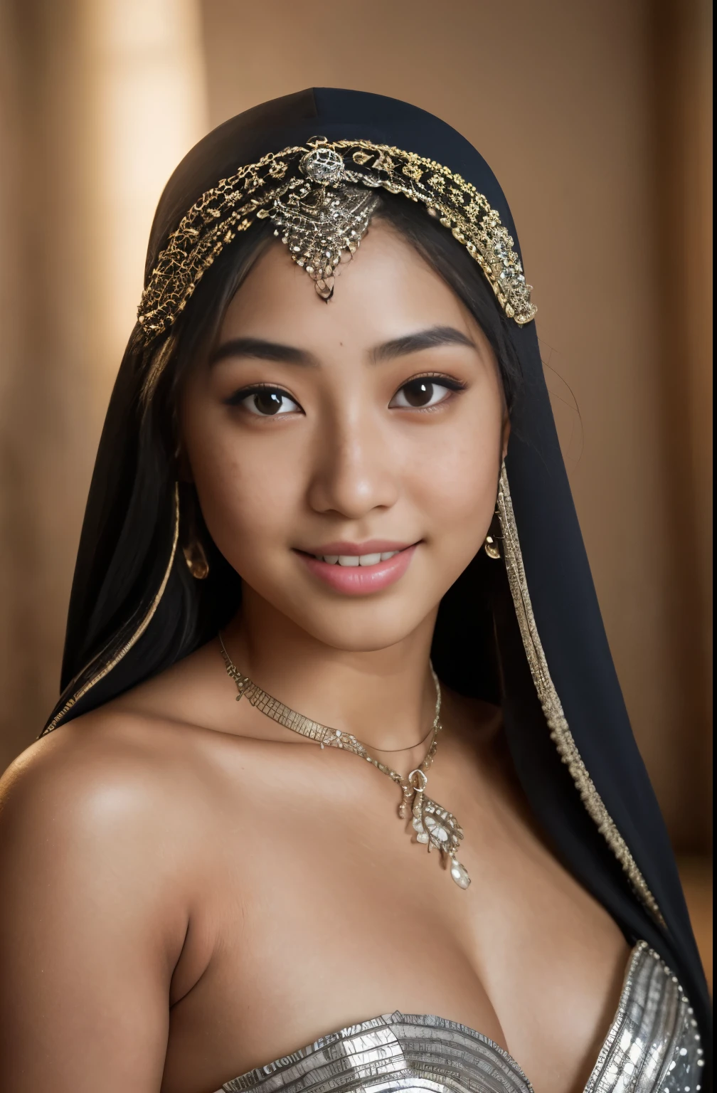 2girls, silver bellydancer, cleavage,  two beautiful teen javanese and chinese girls with hijab and few soft freckles, mole below eyes, detail skin texture, smile, , dramatic light , Rembrandt lighting scheme, (hyperrealism:1.2), (8K UHD:1.2), (photorealistic:1.2), shot with Canon EOS 5D Mark IV, detailed face, detailed skin texture, 35mm, over-the-shoulder shot,cool-toned color grading, Deep Focus cinematography effect, Natural Lighting, high quality, ultra detail, 8k resolution,