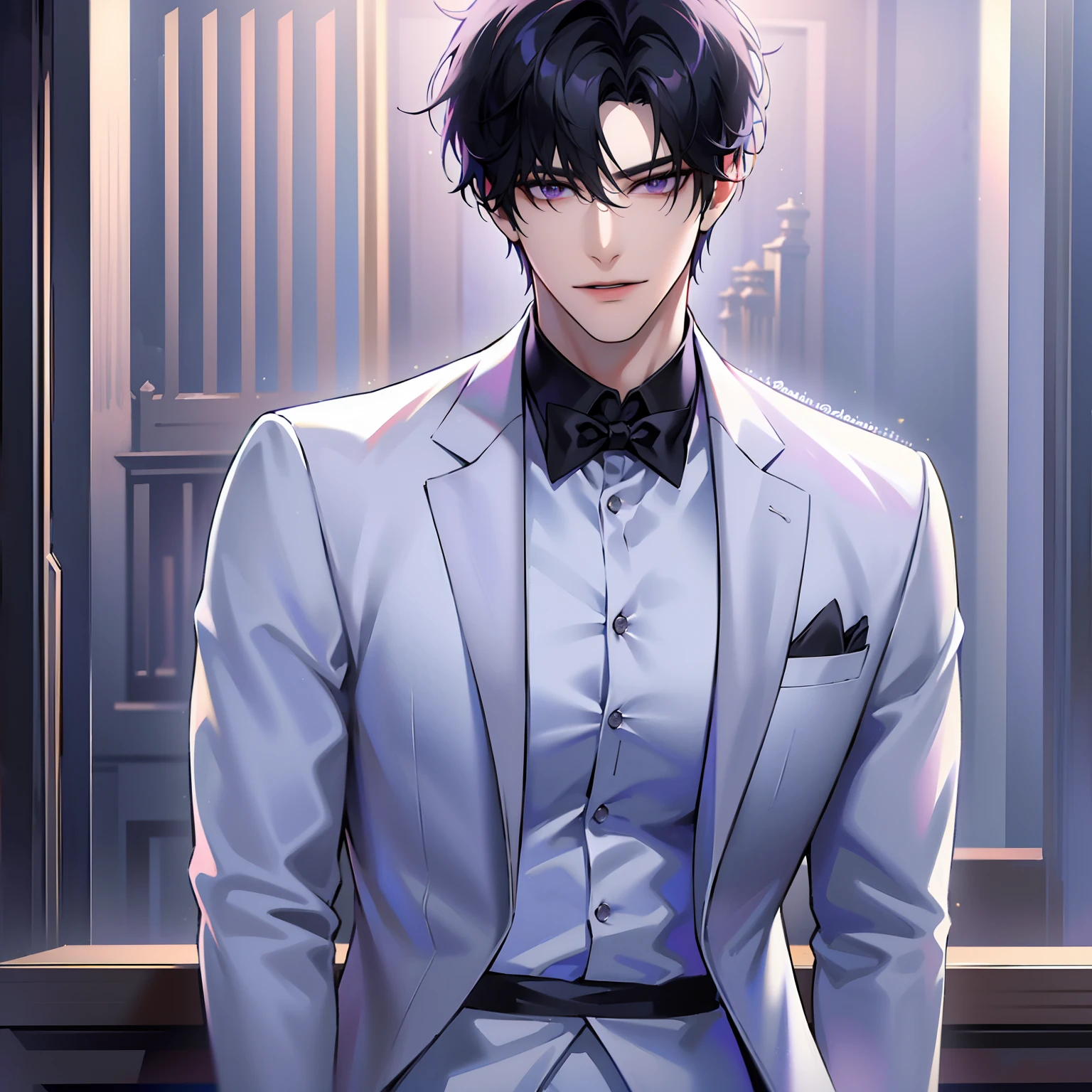 (masterpiece, 4k, 8k, high quality, highres, best quality:1.6), 1boy, solo, short hair, black hair, asymmetrical fringe, purple eyes, handsome, sharp eyes, (mature male, mature:1.2), male focus, fashionable, white dress shirt, purple jacket, smile, ballroom, chandelier, indoors, ultra detailed, toned body shape, leaning on counter, people in background, social gathering