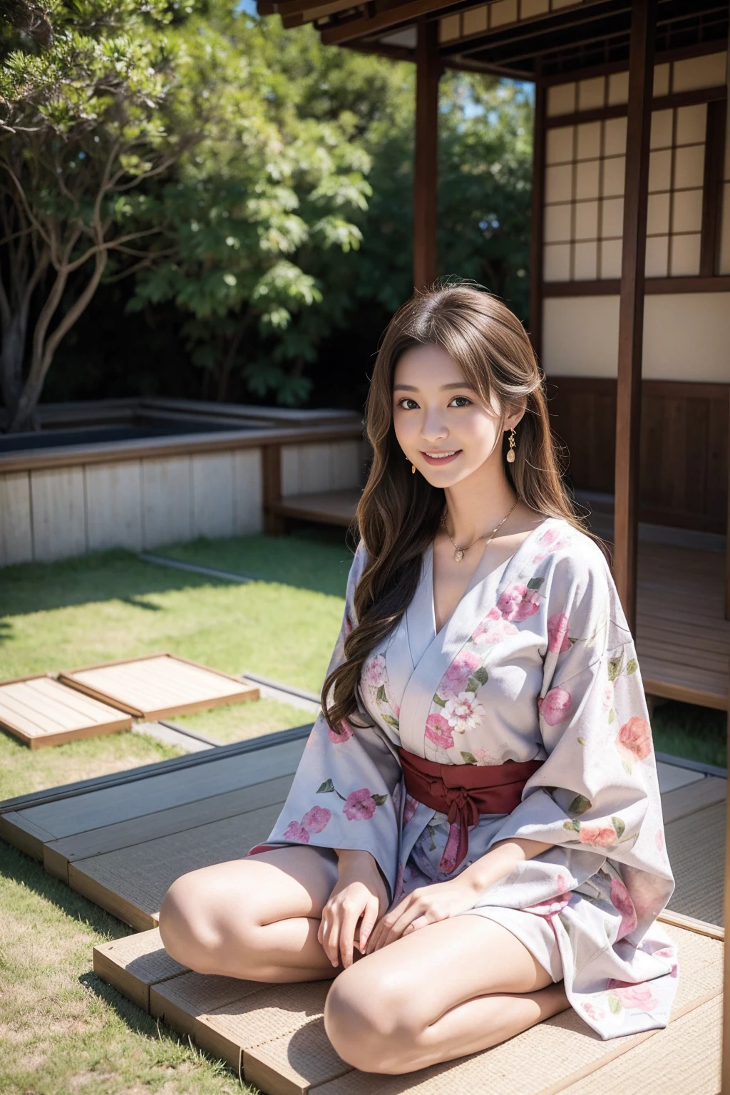 Highest quality,8K, Detailed facial depiction, Detailed description of the eyes,One Woman, Light brown hair(Medium-long hair),Beautiful Japanese Girl,24-years-old,Cute eyes,Cute Smile,Yukata beauty,Brown floral yukata,Slender body, Large, plump breast size, Long and beautiful legs,Smiling, Colorful earrings,necklace,Are standing,Beautiful nape,Japan tatami room,Sitting upright,Dry landscape garden,wind chimes