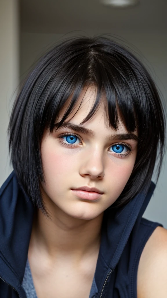 Beautiful feminine looking 19 year old man, boyish face, big blue eyes, black shaggy hair