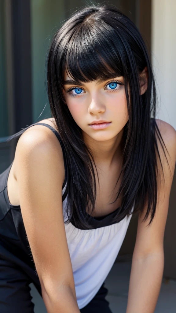Beautiful feminine looking 19 year old man, boyish face, big blue eyes, black shaggy hair