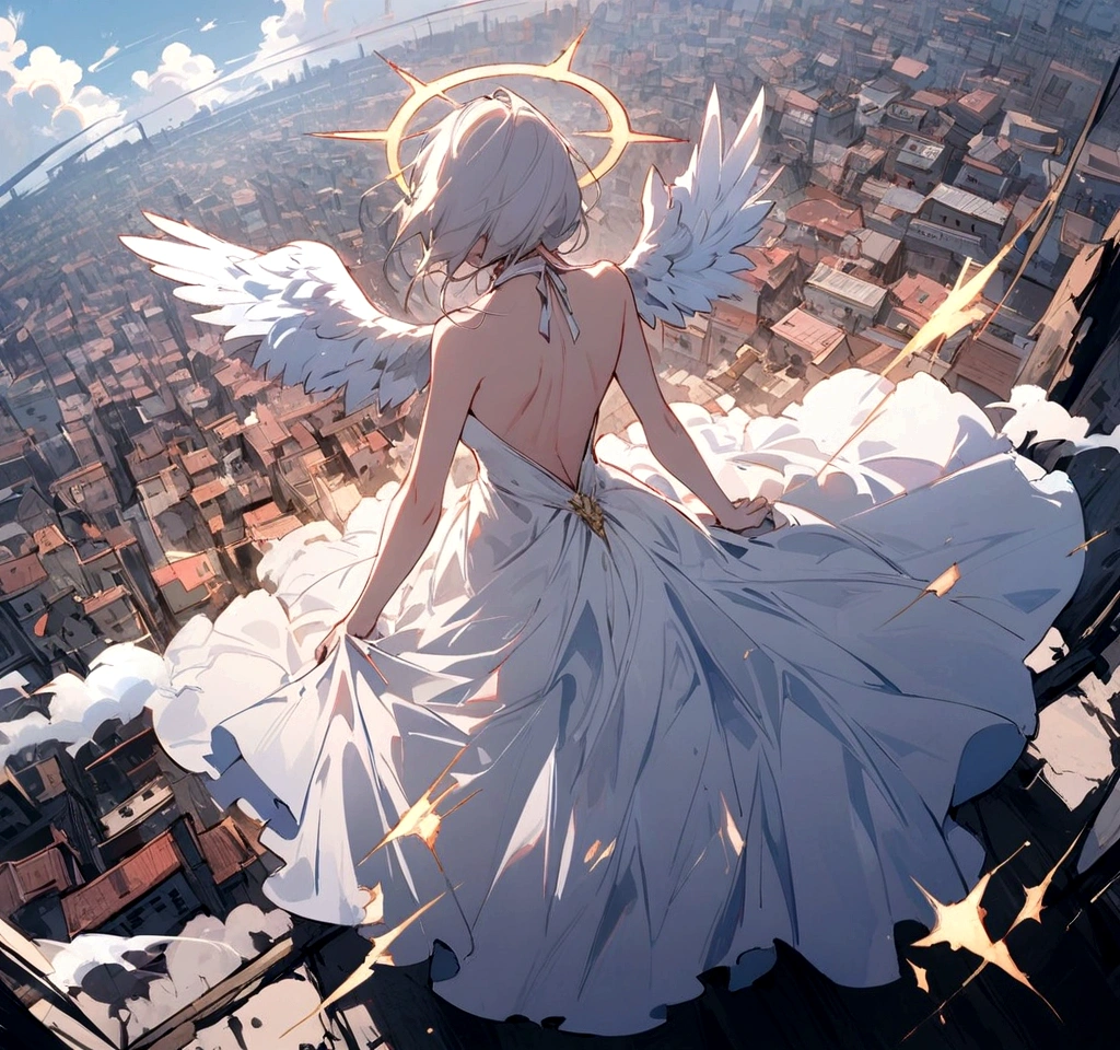 
One (Back view:1.5) A very beautiful female angel\(Long platinum hair, wide back white dress,(From her chest hangs big, beautiful angel wings.),Very beautiful shining halo\), She has her arms wide open as if asking for help., She&#39;s on the clouds、Looking down at the world below, Fierce war\((Lots of sparks and fire), fail, Fighter, Many buildings collapsed, Nature is destroyed, Magnificent and spectacular views\) It&#39;s happening under the clouds, BREOneK ,quality\(8K,非常に精細なCGユニットのwallpaper, masterpiece,High resolution,top-quality,top-quality real texture skin,Surreal,Increase the resolution,ROneW photos,最高quality,Very detailed,wallpaper,Cinema Lighting,Ray-tracing,Golden Ratio\),[Browsing Caution],Dynamic Angle,[Browsing Caution],From above