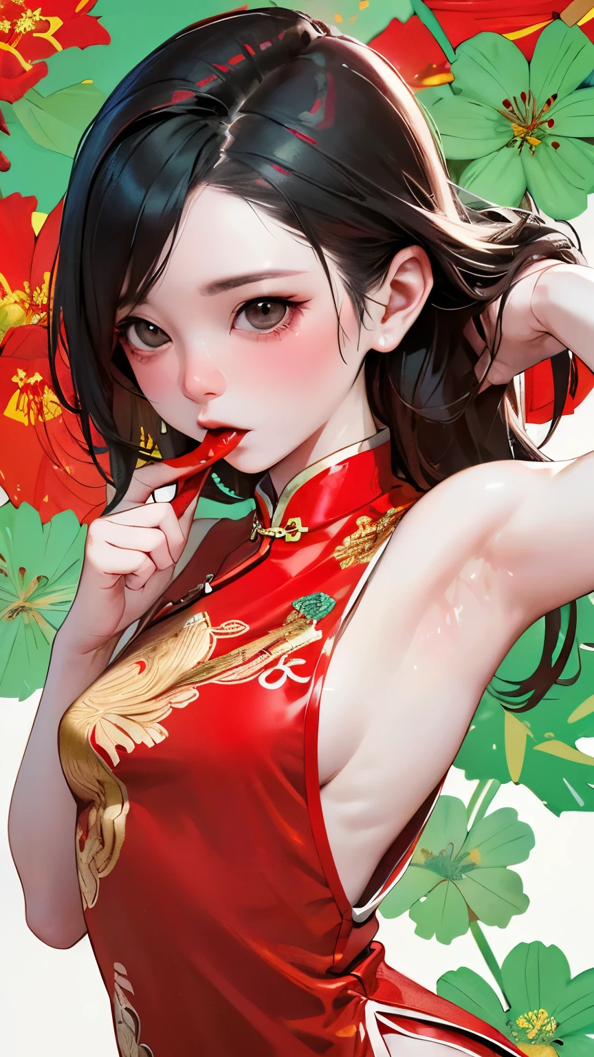 Highest quality、masterpiece、Ultra-high resolution、RAW Photos、Realistic images、One Girl、cute、Translucent white skin、Ultra-detailed skin textures、Beautiful cheongsam、Upper body angle、Make your expressions more realistic、Girl biting into chili pepper、Red cheeks and nose、soft and smooth hair、Disheveled Hair、Deep red Chinese dress、Golden embroidery、Naughty slit、Attractive ass、Small breasts、Slim body、Gray eyes、(((Chili Pepper Background、Innovative design)))、monotone、Chic background、Foliage plant、
