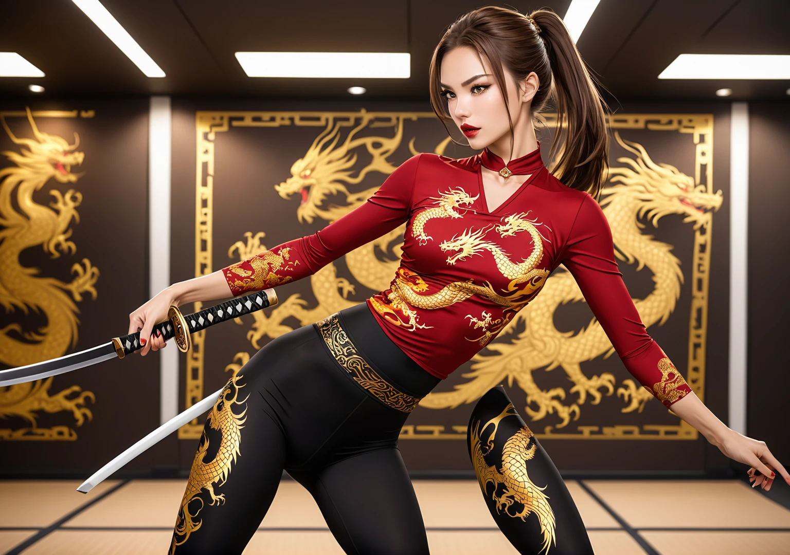 Beautiful woman with mid straight ponytail brown hair with brown eyes wearing an Black Tight Leggings With Golden Dragon Prints, a Red Sexy Criss Cross Mock Neck Mid Sleeves Blouse With Phoenix Prints, luxurious jewelry and a luxurious necklace, 18k gold wedding ring on left hand, fighting in a training room at night, holding a katana (caucasian skin), (light brown lipstick), (elegant mascara), (slim body with abs), (small breasts), (wide hips), midjourney, <lora:GoodHands-, <lora:GoodLegs-, UHD, high resolution, (masterpiece:1.1, best quality), (expressive eyes, perfect face, full body, expressive face, perfect body, perfect pussy, athletic, fit, slim body, blushing, Perfect makeup, eyeliner, beautiful eyelashes, smiling, horny face), ((best illumination, best shadows)), ((fight pose))