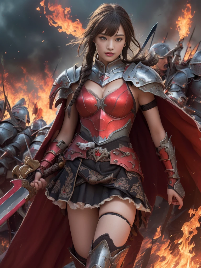Battlefield of Beauty、((Fight))、RPG World、Final Fantasy、(((Decorative skirt)))、Thigh-high socks、Shingard、night、((Bangs are too long))、((Long, thick, dark red braids))、Get a six pack、Torn Cloak、Beautiful Armor、(((Giant Sword)))、In combat、The wind is blowing、(((Flames covering the area)))、(((Leading a large group of red knights)))、(((Knight Commander)))、Armor with a phoenix motif、Old scar on right cheek:1.2、((flames of fire))、(((Battle Scenes)))、((Browsing Caution:1.2))、(((I can see her panties:1.4)))、、((Skirt lift in the wind))、Very beautiful woman、Slender women、(Detailed face)、Realistic Skin、((Knight of Fire)), (((Red Armor:1.25)))、((((A black armor with extremely detailed and intricate decoration.))))、((Delicate photo)),(Girl Astepeace RAW Photo Details:1.25), (Highest quality:1.6), (Ultra-high resolution:1.5), (Realistic:1.75), 8K resolution, Canon EOS R5, 50mm, Absurd, Super detailed,Cinema Lighting,Battlefields of Medieval Europe、((Fight))、RPG World、Final Fantasy、(((Decorative skirt)))、Thigh-high socks、Shingard、night、((Bangs are too long))、((Long, thick, dark red braids))、Get a six pack、Torn Cloak、Beautiful Armor、(((Giant Sword)))、In combat、The wind is blowing、(((Flames covering the area)))、(((Leading a large group of red knights)))、(((Knight Commander)))、Armor with a phoenix motif、Old scar on right cheek:1.2、((flames of fire))、(((Battle Scenes)))、((Browsing Caution:1.2))、(((I can see her panties:1.4)))、、((Skirt lift in the wind))