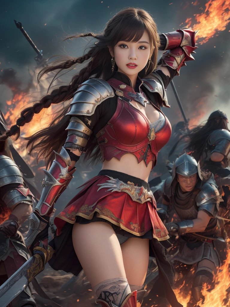 Battlefield of Beauty、((Fight))、RPG World、Final Fantasy、(((Decorative skirt)))、Thigh-high socks、Shingard、night、((Bangs are too long))、((Long, thick, dark red braids))、Get a six pack、Torn Cloak、Beautiful Armor、(((Giant Sword)))、In combat、The wind is blowing、(((Flames covering the area)))、(((Leading a large group of red knights)))、(((Knight Commander)))、Armor with a phoenix motif、Old scar on right cheek:1.2、((flames of fire))、(((Battle Scenes)))、((Browsing Caution:1.2))、(((I can see her panties:1.4)))、、((Skirt lift in the wind))、Very beautiful woman、Slender women、(Detailed face)、Realistic Skin、((Knight of Fire)), (((Red Armor:1.25)))、((((A black armor with extremely detailed and intricate decoration.))))、((Delicate photo)),(Girl Astepeace RAW Photo Details:1.25), (Highest quality:1.6), (Ultra-high resolution:1.5), (Realistic:1.75), 8K resolution, Canon EOS R5, 50mm, Absurd, Super detailed,Cinema Lighting,Battlefields of Medieval Europe、((Fight))、RPG World、Final Fantasy、(((Decorative skirt)))、Thigh-high socks、Shingard、night、((Bangs are too long))、((Long, thick, dark red braids))、Get a six pack、Torn Cloak、Beautiful Armor、(((Giant Sword)))、In combat、The wind is blowing、(((Flames covering the area)))、(((Leading a large group of red knights)))、(((Knight Commander)))、Armor with a phoenix motif、Old scar on right cheek:1.2、((flames of fire))、(((Battle Scenes)))、((Browsing Caution:1.2))、(((I can see her panties:1.4)))、、((Skirt lift in the wind))