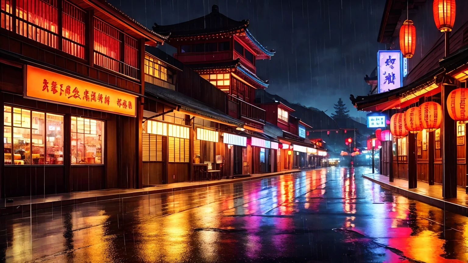 Village view,There are a lot of lights in the building, Dream Chinatown, china village, Awesome Wallpapers, Japantown, Japanese Village, 小さな町のシュールなphotograph, Old Asian Village, Japantown市, author:Raymond Han, Rainy night, Cyberpunk ancient Chinese castle, Beautifully illuminated building, When it rains at night, Beautiful and beautiful, photograph, work, 8K, High detail ((downpour)))