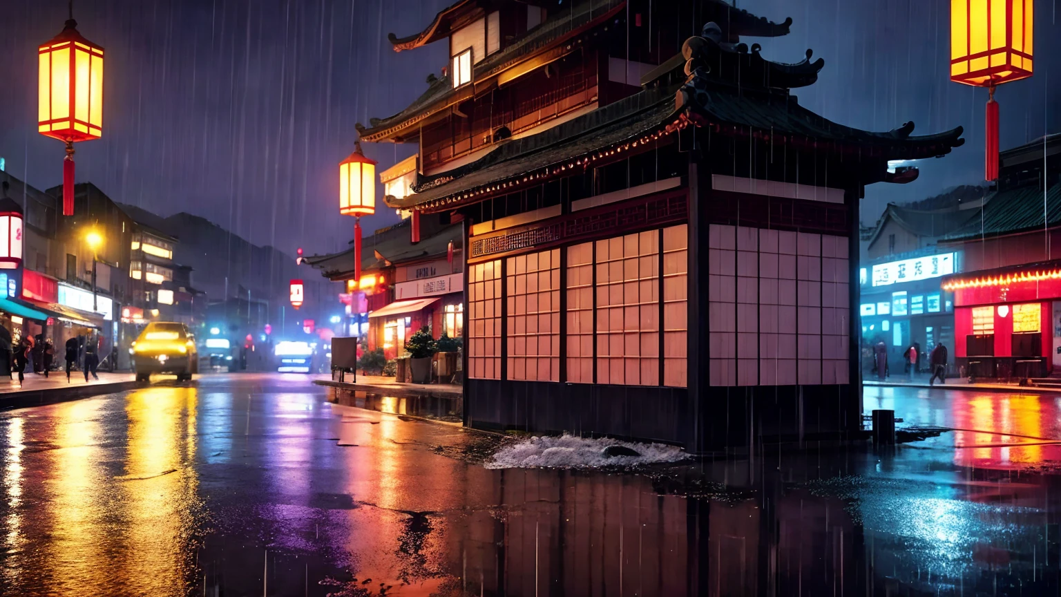 Village view,There are a lot of lights in the building, Dream Chinatown, china village, Awesome Wallpapers, Japantown, Japanese Village, 小さな町のシュールなphotograph, Old Asian Village, Japantown市, author:Raymond Han, Rainy night, Cyberpunk ancient Chinese castle, Beautifully illuminated building, When it rains at night, Beautiful and beautiful, photograph, work, 8K, High detail ((downpour)))