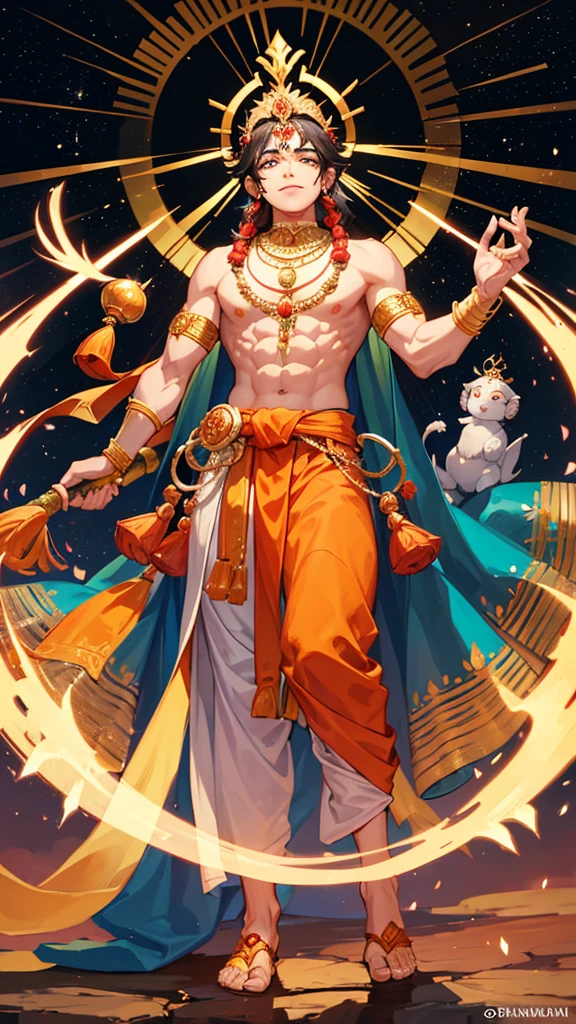 Shree Hanuman Ji, a revered deity in Hindu mythology, is typically depicted with distinct and powerful attributes. Here’s a detailed description of his appearance:

1. **Physical Form**: Hanuman is often portrayed with a robust, muscular build, symbolizing his immense strength and agility. He has the body of a human but with a face that resembles that of a monkey, including a long tail.

2. **Facial Features**: His face is usually depicted with expressive, large eyes full of devotion and determination. He may have a gentle smile or a fierce expression, depending on the context of the depiction. His head is sometimes adorned with a small crown or a simple tuft of hair.

3. **Clothing and Accessories**: Hanuman is typically dressed in a dhoti, a traditional Indian garment. He often wears various ornaments such as armlets, bracelets, and anklets, signifying his divine status. A distinctive feature is the sacred thread (Yajnopavita) that he wears across his chest.

4. **Posture**: He is commonly shown in a dynamic pose, leaping or flying, reflecting his role as the messenger and warrior. In other representations, he may be depicted in a kneeling position, with folded hands, showing his devotion to Lord Rama.

5. **Weapons and Symbols**: Hanuman often holds a gada (mace), which is a symbol of his power and valor. In some images, he might be carrying a mountain, recalling the episode from the Ramayana where he brought the Sanjeevani herb to save Lakshmana.

6. **Aura and Halo**: Many depictions include a glowing halo around his head, indicating his divinity and purity. His aura often radiates with energy and vitality.

7. **Additional Attributes**: In some images, especially in temples, Hanuman is shown tearing open his chest to reveal an image of Lord Rama and Sita, symbolizing his unwavering devotion and the presence of divinity within him.

Overall, Shree Hanuman Ji is depicted as a figure of immense strength, unwavering devotion, and boundless energy, embodying the qu