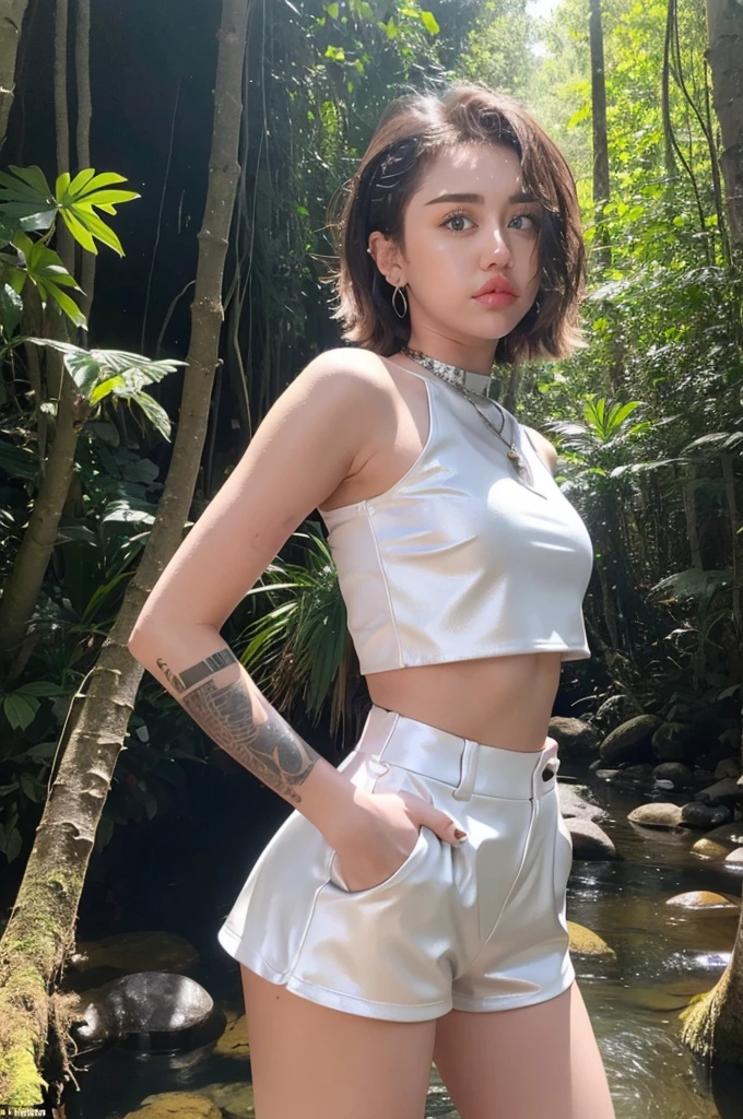 Miley Cyrus wears a white metallic crop top and black metallic shorts, posing seductively in the forest and stream